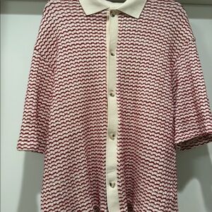 Zara Knit Striped Button Down - Red/White - Size Large